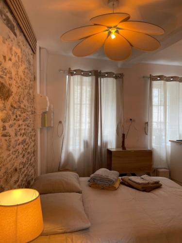 a bedroom with a large bed with a ceiling fan at Studio de caractère en pierre in Coutances