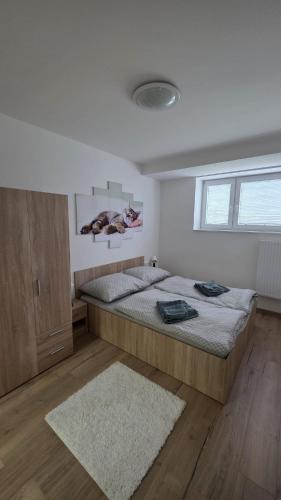 a bedroom with a large bed and a window at Apartmán U splavu Luhačovice in Luhačovice