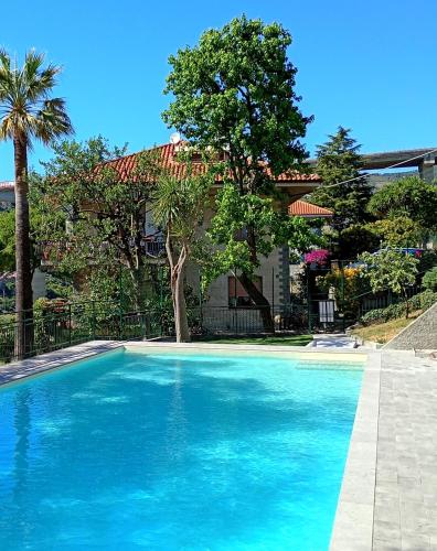 a large blue swimming pool in front of a house at Le Mimose Terrace in Bordighera