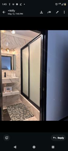 a picture of a bathroom with a mirror and a rug at The Rose Garden in Georgetown