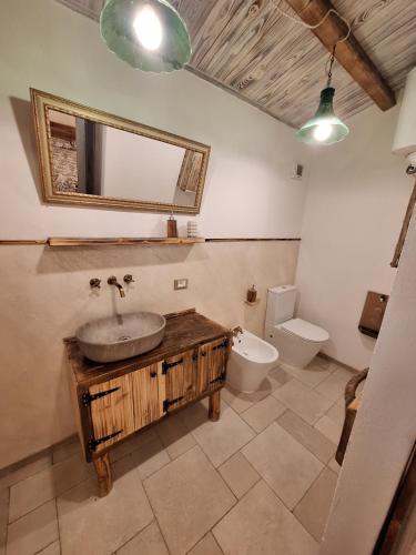 a bathroom with a sink and a toilet and a mirror at Eco romantica in Baratti