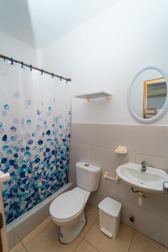 ein Badezimmer mit Toilette, Waschbecken und Dusche in der Unterkunft Pangora, habitación privada de Flor de Lis Beach House in Playas
