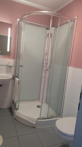 a glass shower in a bathroom with a toilet at Hotel Zachskorn UG in Erdweg