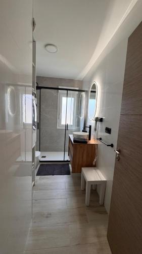 a bathroom with a shower and a toilet and a sink at AuraGalega Vionta in Ribeira