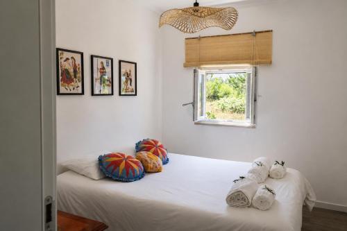 a bedroom with two beds with pillows and a window at Chicas Country House in Amieira
