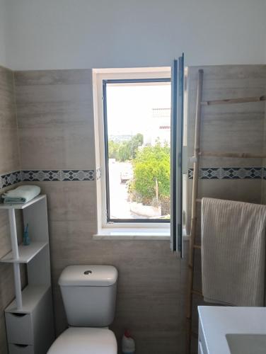 a bathroom with a toilet and a window at Vila les Roses Quartos Jardim e Montanha in Porches