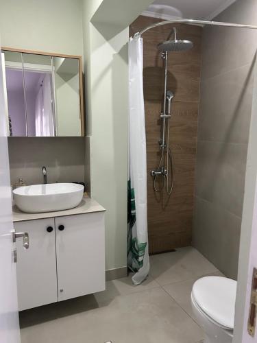 a bathroom with a sink and a shower and a toilet at Abigails Pool House in Kallirákhi
