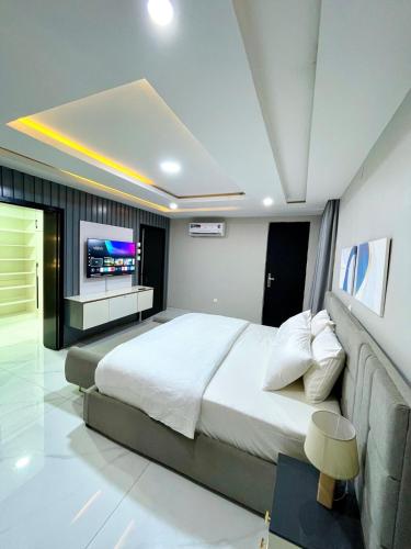 a bedroom with a large bed and a flat screen tv at Luxurious Altitude in Lekki