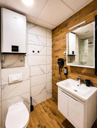 a bathroom with a white toilet and a sink at Emperus Spa in Veliko Gradište