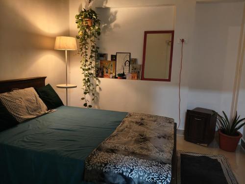 a bedroom with a bed with a green comforter and a mirror at The Culture House in Mumbai