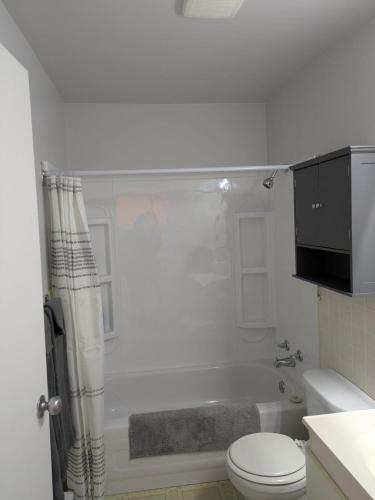 a bathroom with a tub and a toilet and a sink at Le Repere, Beach, Whales, and Ferry in Saint-Siméon