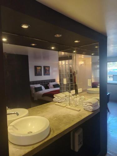 a bathroom with a sink and a large mirror at Dolce Lobo Boutique Stay in Quito