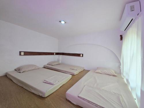 two twin beds in a room with a window at Posada Bugambilias in Catemaco