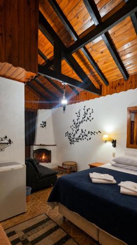 a bedroom with a bed and a fireplace at Pousada Palma Chalés in Monte Verde