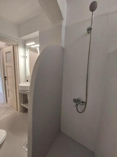 a bathroom with a shower with a toilet and a sink at Margarita's Home in Steniaí