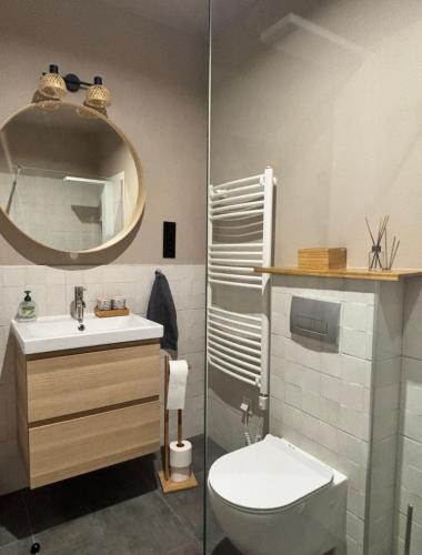 a bathroom with a toilet and a sink and a mirror at Andrea Apartman in Alsóörs