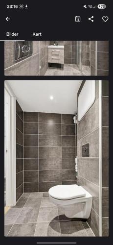 two pictures of a bathroom with a sink and a toilet at Gjerdrum in Gjerdrum