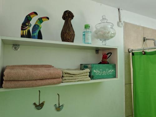 a bathroom with two shelves with towels and a shower at Lo de Xime in Yerba Buena