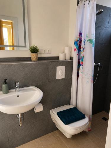 a bathroom with a sink and a toilet and a shower at OMNI - Homes - Waldstraße in Falkensee