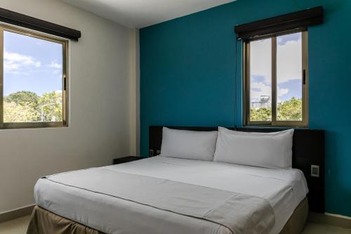 a bedroom with a bed with blue walls and two windows at Hotel Ambra in Playa del Carmen