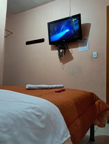 a bedroom with a tv on the wall and a bed at San Sebastian Hostal in Sangolquí
