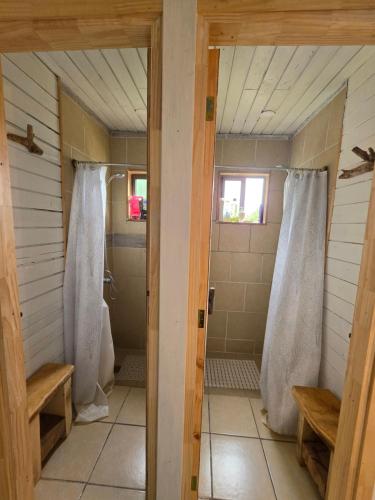 a bathroom with a shower and a shower curtain at Hostal Celta in Pucón