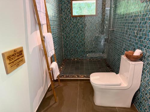 a bathroom with a shower with a toilet in it at SeTena Tierra Humeda Ecolodge in Minca
