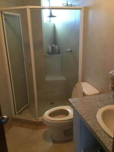 a bathroom with a shower with a toilet and a sink at Casa Malibú Gorgona in Nueva Gorgona