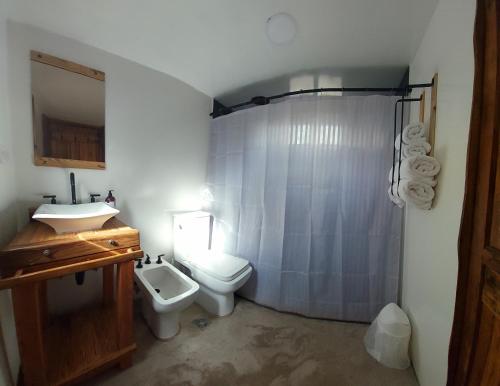 a bathroom with a toilet and a sink and a shower at El Escondido Natural Glamp in Atos Pampa