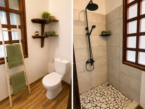 two pictures of a bathroom with a toilet and a shower at Fare Maeva in Paopao