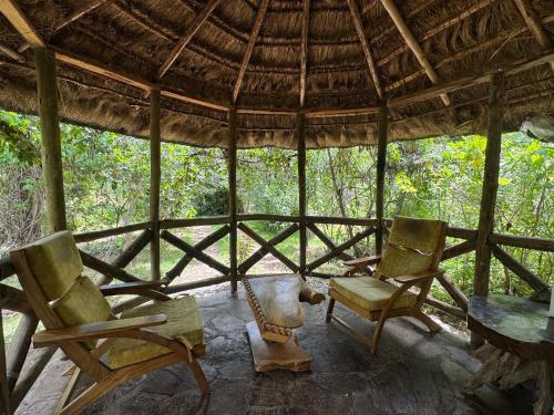 two chairs and a table in a room with trees at Podocarpus Cottages -02 in Naro Moru