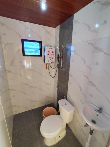 a bathroom with a toilet and a sink at Villa Celyn Dieng cabin in Diyeng