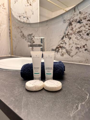 a bathroom with two bottles of sunscreen and a sink at Confederation Inn Saskatoon in Saskatoon