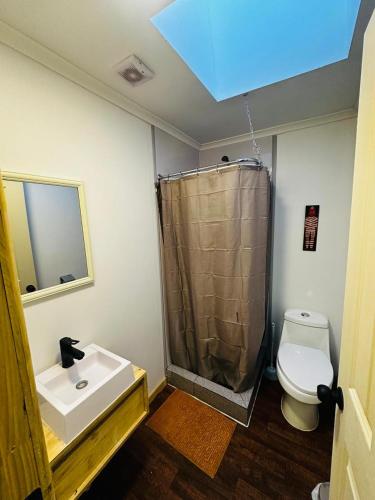 a bathroom with a shower and a sink and a toilet at El Refugio in Puerto Natales