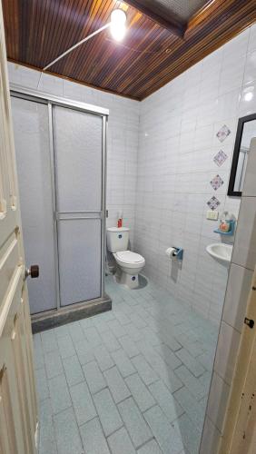 a bathroom with a toilet and a shower and a sink at El Cacique Villeta Hostal in Villeta