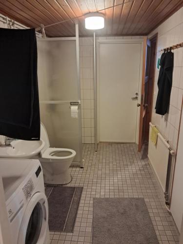 a bathroom with a toilet and a washing machine at Jänispolku in Rauma