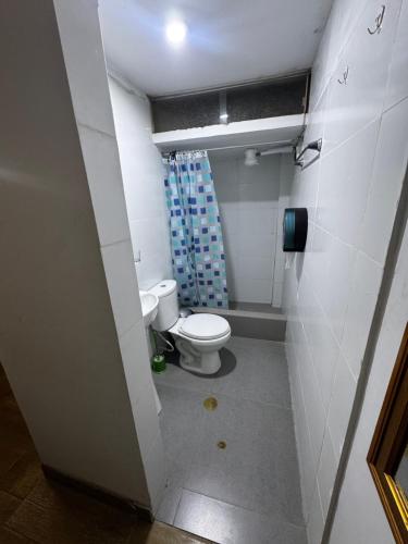 a small bathroom with a toilet and a shower at Monoambiente 101 in Trujillo