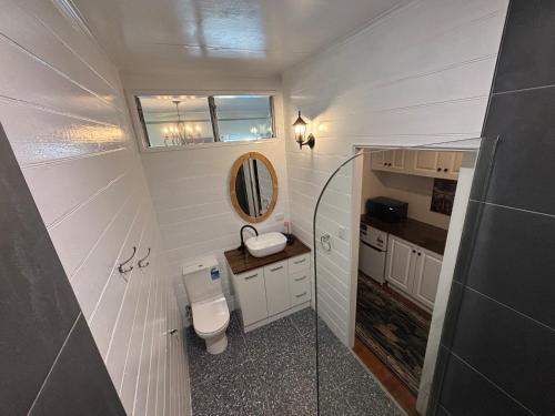 a small bathroom with a toilet and a sink at Tin Town suites in Herberton