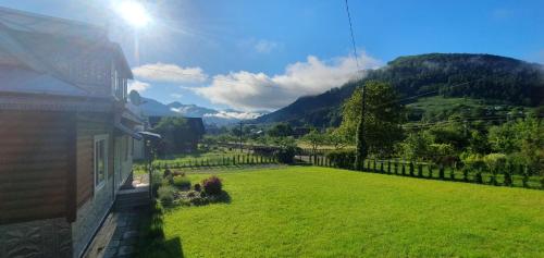 a green yard with a house and mountains in the background at Садиба Грицюка in Krivorovnya