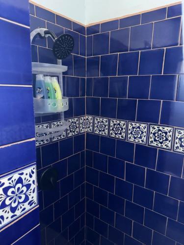 a blue tiled bathroom with a shower at Campo Rivera Beach Community in La Misión