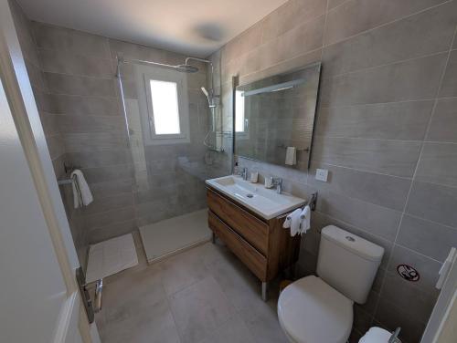 a bathroom with a sink and a toilet and a mirror at Le Jasmin in Mauguio