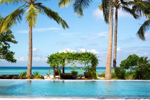 a swimming pool with palm trees and the ocean at Kizikula - Boutique Hotel in Kizimkazi