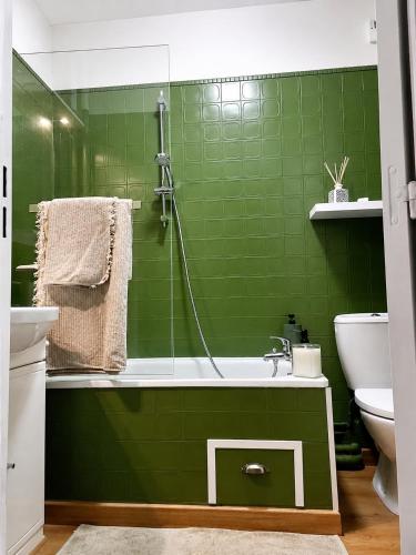 a green bathroom with a tub and a sink at Natura2000 in Châteauroux