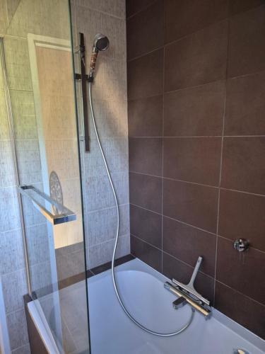 a bathroom with a shower and a tub with a sink at Floralie parking privé navette vers Aéroport ou Gare Beauvais in Saint-Paul