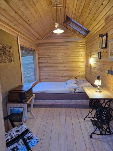 a room with a bed in a wooden cabin at Lake window in Škofja Vas