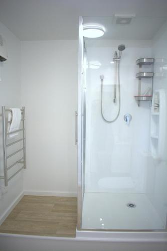 a bathroom with a shower with a glass door at Dark Sky Retreat in Lake Tekapo