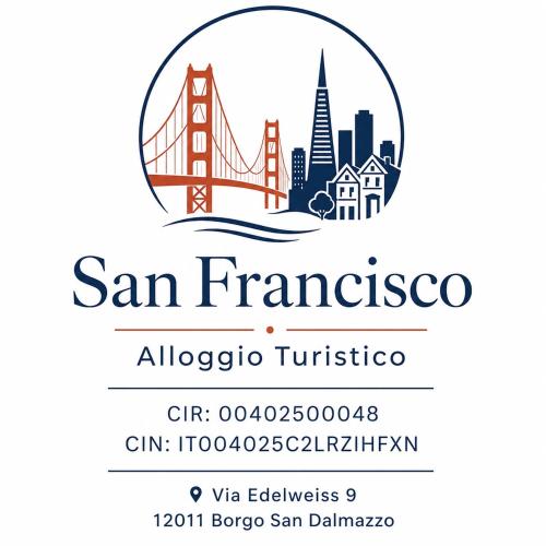 a logo for san francisco with the golden gate bridge and buildings at San Francisco in Borgo San Dalmazzo