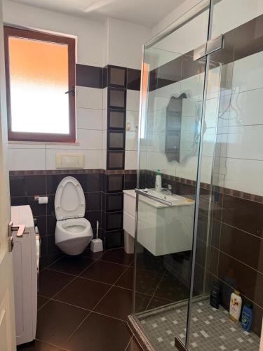 a bathroom with a toilet and a sink and a shower at Panoramic Krujë Escape BAMI in Krujë