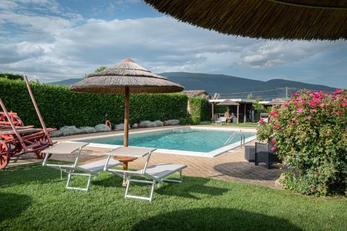 a pool with chairs and an umbrella and a table and chairs at TORRE QUADRANA in Spello