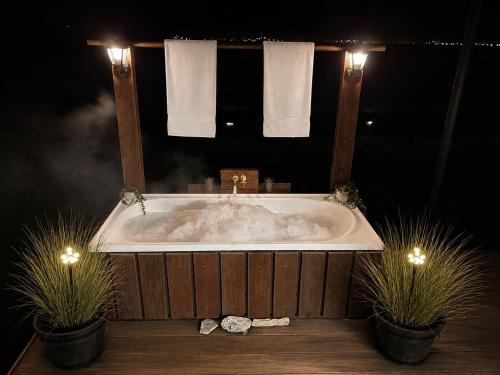 a bath tub with two potted plants and two towels at Go Glamping NZ Ltd in Alexandra